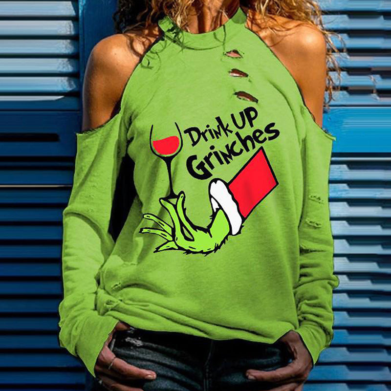 Funny Christmas Sweater ‘Drink Up Grinches’ – Green Off-Shoulder Holiday Top