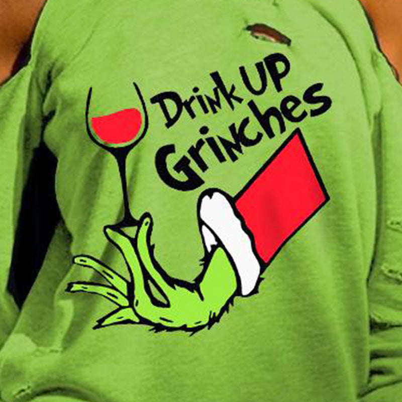 Funny Christmas Sweater ‘Drink Up Grinches’ – Green Off-Shoulder Holiday Top