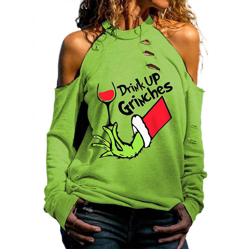 Funny Christmas Sweater ‘Drink Up Grinches’ – Green Off-Shoulder Holiday Top
