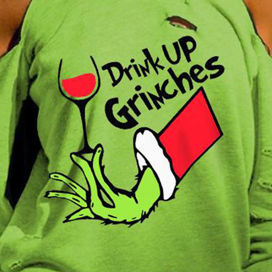 Funny Christmas Sweater ‘Drink Up Grinches’ – Green Off-Shoulder Holiday Top