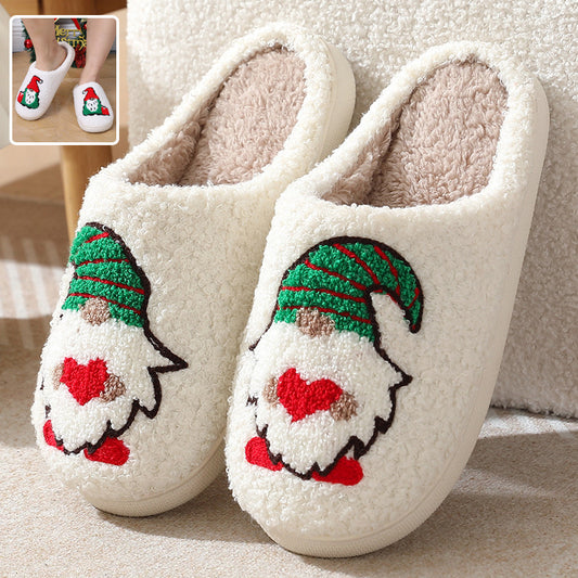 Soft Christmas slippers featuring a cute gnome with a green hat and heart design — perfect cozy footwear for winter and holiday season.